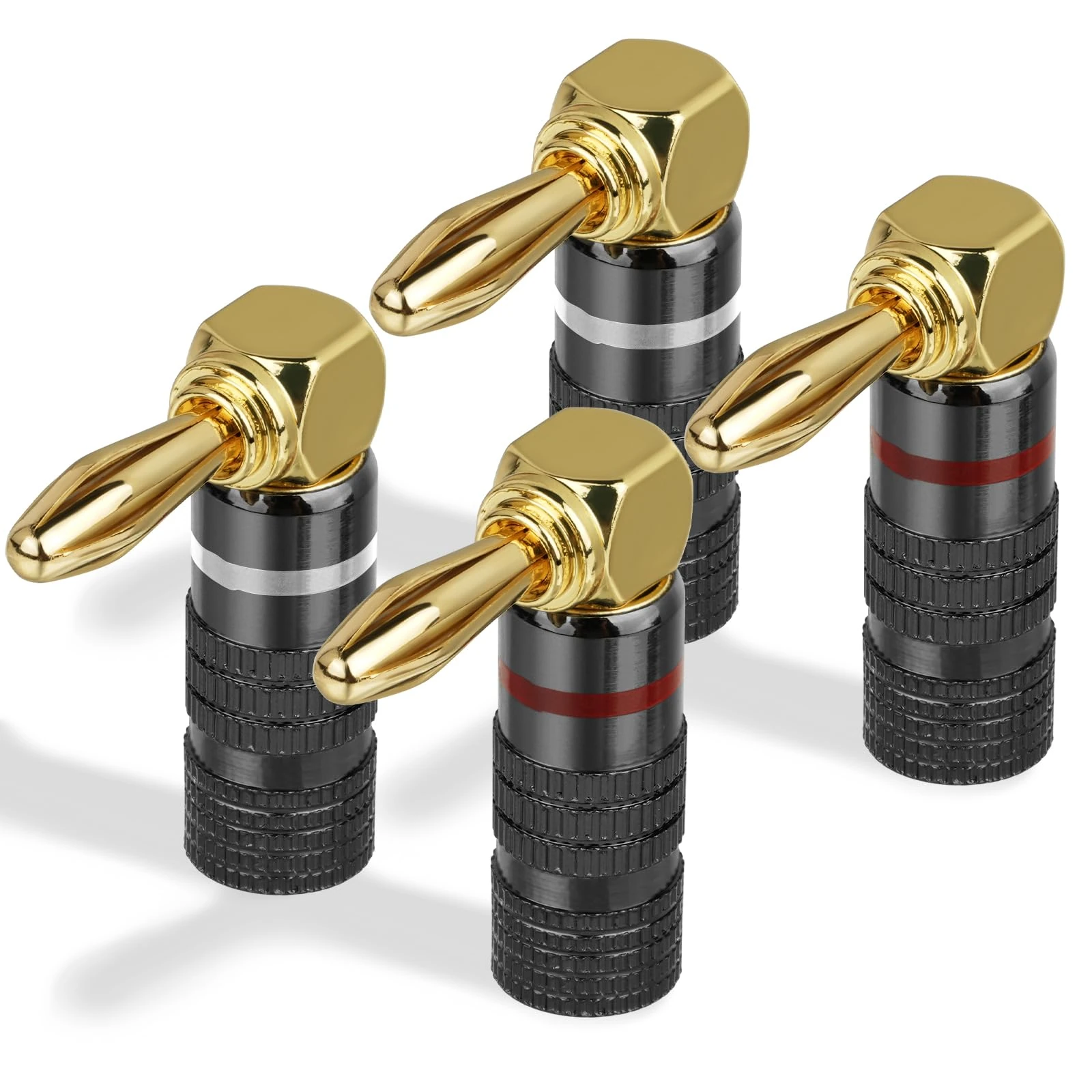 Aolso 4 Pcs 90 Degree Banana Plugs, 24K Gold Plated 4.5mm Speaker Connector, 90 Degree Speaker Banana Plugs for Speaker Wire, Sockets, Amplifier, Sound Systems, Video Receivers, Screw Type in Black