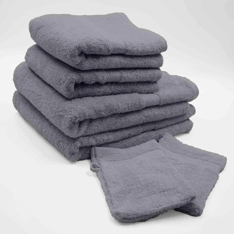 Douceur d'Intérieur, Set of 2 Gloves (15 x 21 cm), 2 Towels (50 x 90 cm) and 2 Shower Towels (70 x 130 cm) Terry Cloth, Elegance Anthracite
