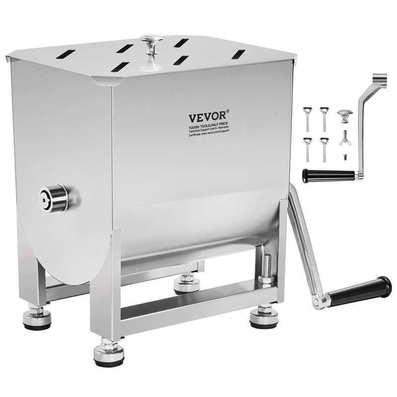 VEVOR Manual Meat Mixer, 10L Fixed Tank – Heavy Duty Stainless Steel Hand Mixer for Ground Beef & Sausage, Max 6.8 kg Mixing Meat Capacity, with Lid Handle