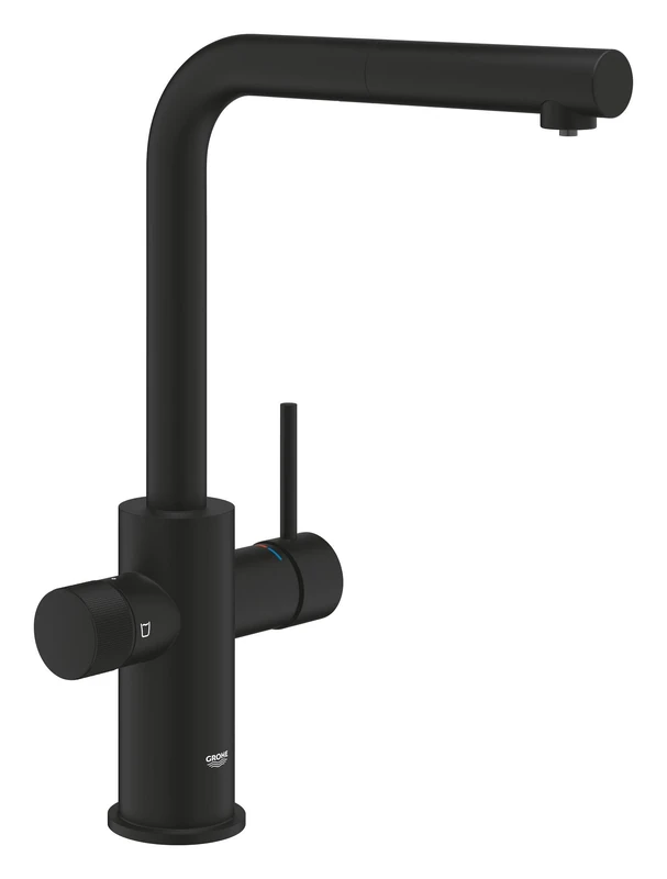 GROHE Blue Pure Minta – 3 Way Pull Out Water Filter Tap (L-Spout, Swivel Area 360°, Dedicated Filter Handle, 28mm Ceramic Cartridge, 3/8 Inch Tails, Needs a Filter Starter Set), Matt Black, 30590KF0