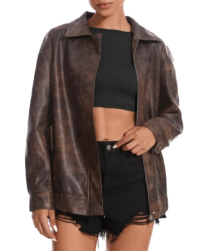 Casly Lamiit Women's Faux Leather Jackets Long Sleeve Zipper Oversized Motorcycle Biker Coat Trendy Travel Casual Outfits, Brown, Small