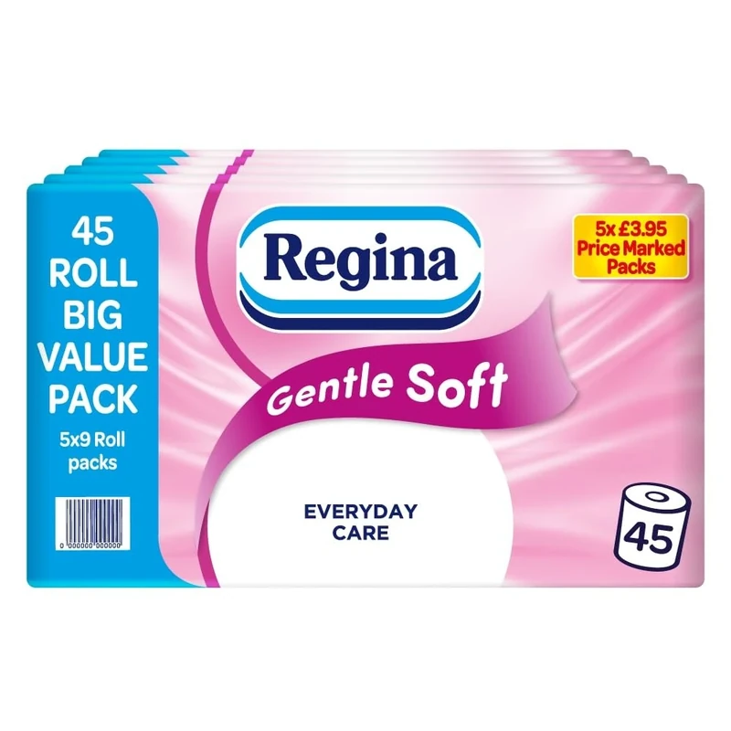 Regina Gentle Soft Toilet Tissue - 45 Rolls of 3 Ply Toilet Paper, 160 Sheets, Soft and Gentle, 30% PCR Plastic Packaging, FSC Certificated