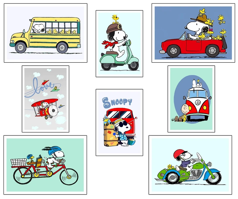 DKORARTE Set of 8 Wooden Base Pictures Living Room Decoration Modern, Bedrooms, Bedroom, Bedroom, Snoopy with Metal Hangers, (4 x (38 x 29 cm); 4 x (29 x 20 cm))