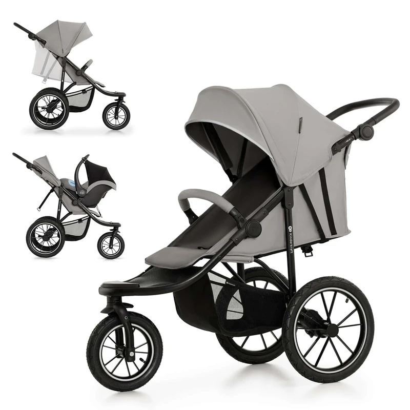 Kinderkraft HELSI 2 Buggy up to 22 kg, Buggy from Birth, Running Pram with Large Pneumatic Tyres, Reclining Function, Adjustable Parent Handle, Folding, Underseat Basket, Grey