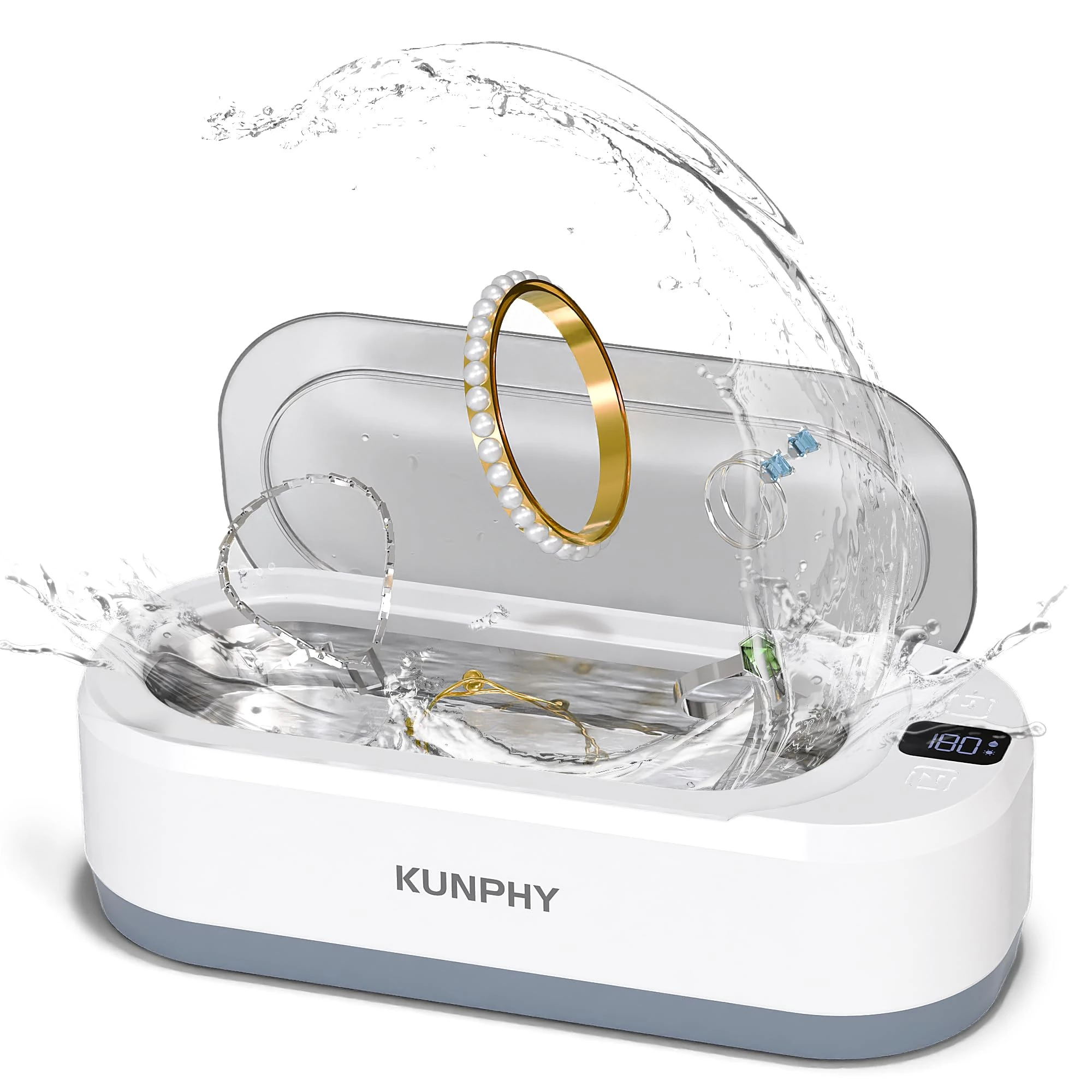 KUNPHY Ultrasonic Jewellery Cleaner, 350ML 48KHz Ultrasonic Cleaner Machine with 3 Digital Timer, One-Touch Operation Sonic Cleaner for Glasses, Jewellery, Ring, Silver