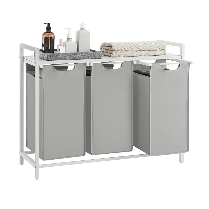 VASAGLE Laundry Basket, 3-Compartment Laundry Hamper, Pull-Out and Removable Liner Bags, Clothes Sorter, Shelf, Metal Frame, 3 x 40 L, 92.5 x 33 x 72 cm, Dove Grey and Matte White BLH301W03