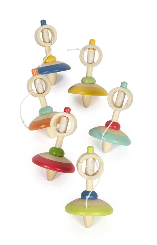 Small Foot Wooden Tops with String Display, 12 colourful wooden tops, ideal small gift, for ages 3+ years, 12605