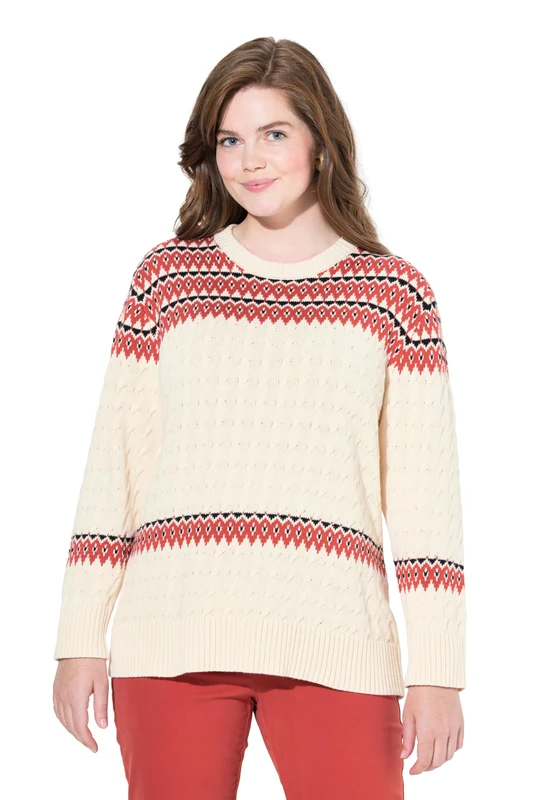 Ulla Popken Women's Pullover, Fair Isle, Rundhals, Langarm, Biobaumwolle Pullover Sweater, Ziegelrot,