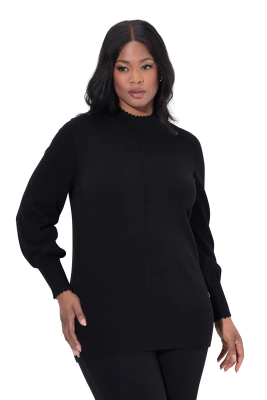 Ulla Popken Women's Scallop Hem Stand Collar Long Sleeve Pullover, Black, 24-26'