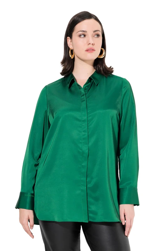 Ulla Popken Womenswear Plus Size Curvy Long Sleeve Collared Satin Blouse emerald green 54+ 822542452-54+