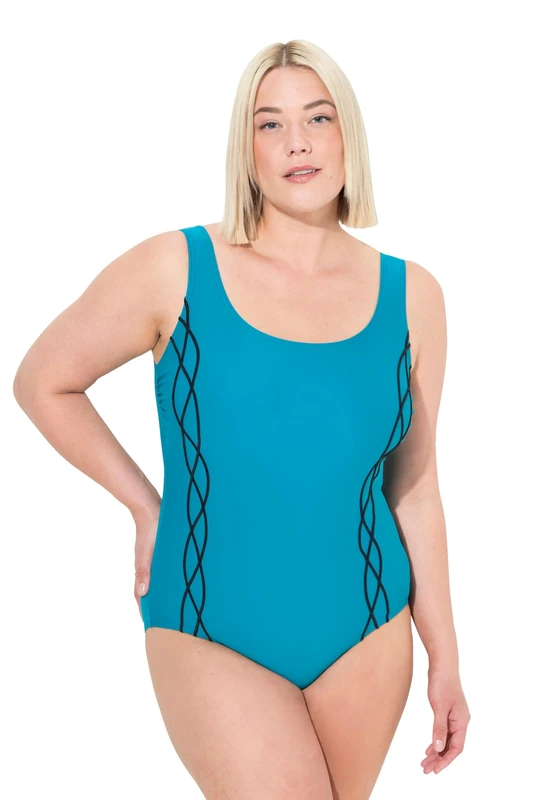 Ulla Popken Women's Piping Underbust Band Front Lining Swimsuit, Dark Turquoise, 26
