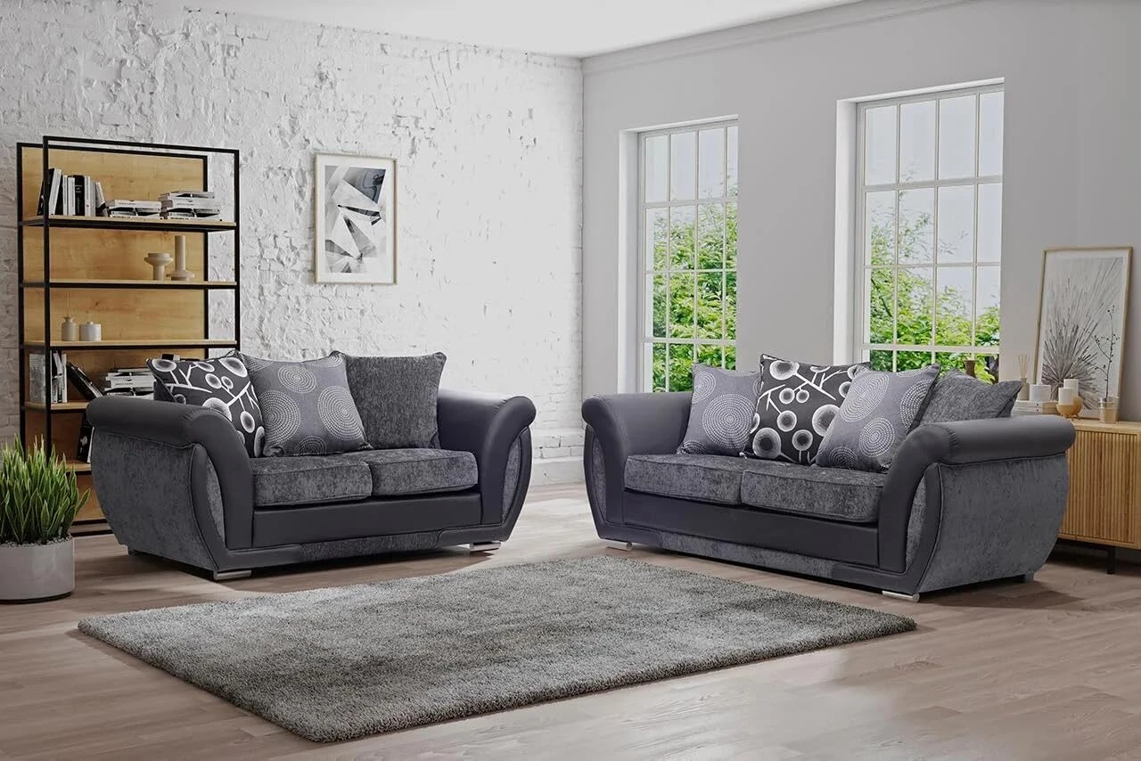 RestNest Shannon 3-Seater Sofa, 3+2 Seater Sofa Set, L-Shape Corner Sofa,5Seater with Comfortable Cushions, Swivel Chair & Footstool (Grey-Black, 3+2 Set)
