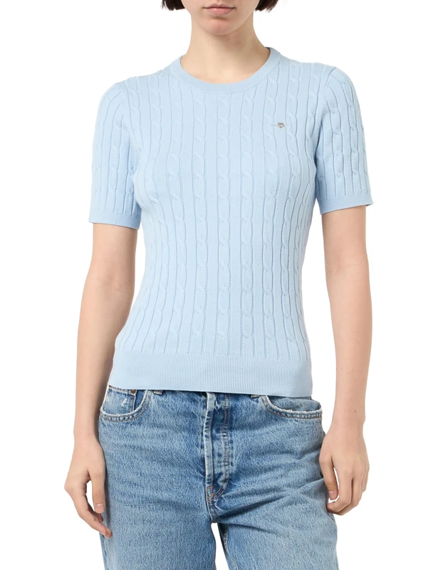 GANT Women's Stretch Cotton Cable SS C-Neck Pullover, Fresh Blue, S
