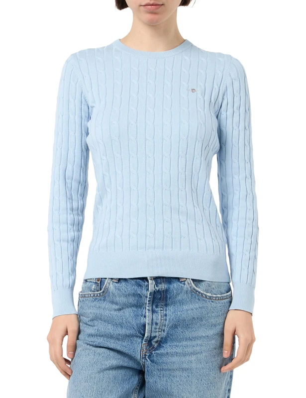 GANT Women's Stretch Cotton Cable C-Neck Pullover Sweater, Fresh Blue, L