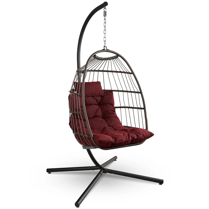 SereneLife Foldable Egg Chair, Rattan Wicker Hanging Swing Chair with Stand, Waterproof Cushion & Headrest, Indoor Outdoor Garden Patio Porch Bedroom Lounge Furniture, Red