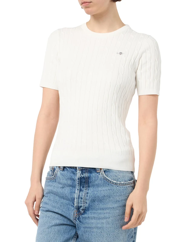 GANT Women's Stretch Cotton Cable Ss C-Neck Pullover Sweater, Eggshell, XL