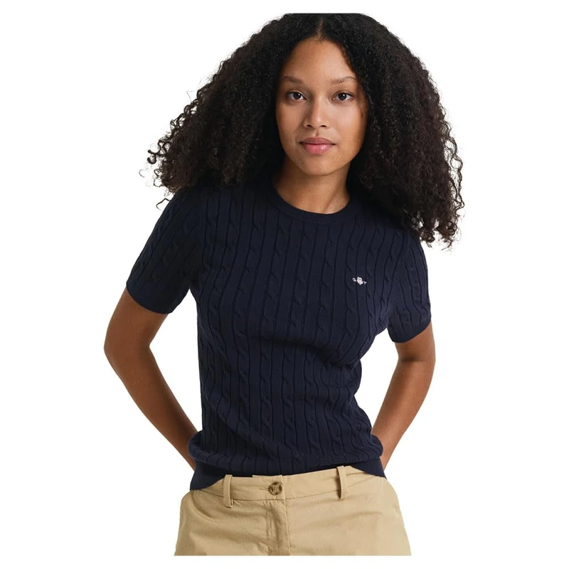 GANT Women's Stretch Cotton Cable Ss C-Neck Pullover Sweater, Evening Blue, XL