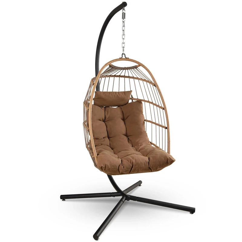 SereneLife Foldable Egg Chair, Rattan Wicker Hanging Swing Chair with Stand, Waterproof Cushion & Headrest, Indoor Outdoor Garden Patio Porch Bedroom Lounge Furniture, Brown