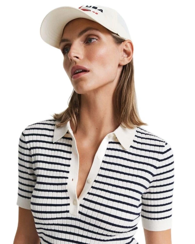 GANT Women's Rib Knit Striped SS Rugger Polo Sweater, Evening Blue, XL