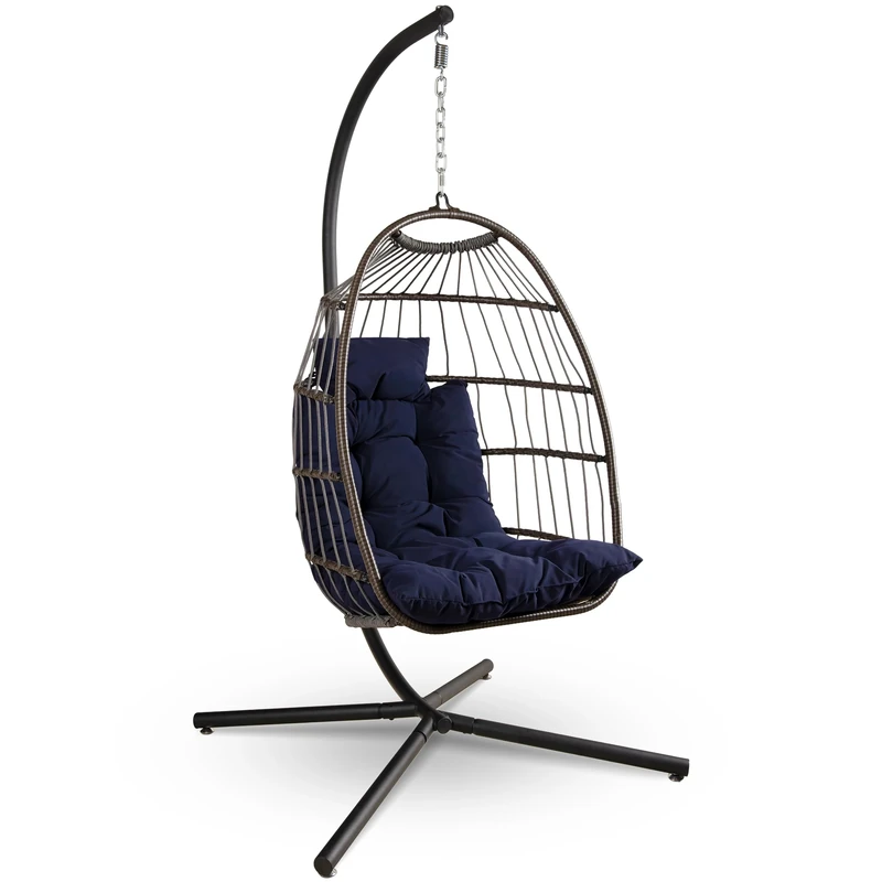 SereneLife Foldable Egg Chair with Stand, Rattan Wicker Hanging Swing for Indoor Outdoor Use, Waterproof Cushion & Headrest, Cozy Garden, Patio, Bedroom Lounge Chair – Deep Blue
