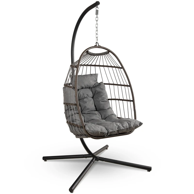 SereneLife Foldable Egg Chair with Stand, Hanging Rattan Wicker Swing for Indoor Outdoor Use, 159kg Capacity, Breathable Cushion & Headrest, Patio Balcony Porch Bedroom Lounge Furniture