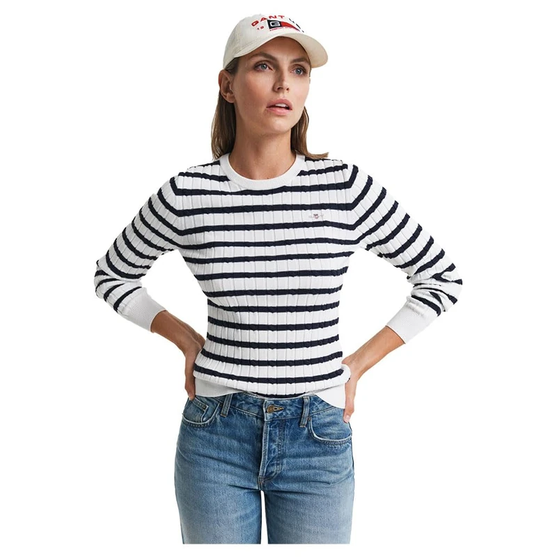 GANT Women's Stretch Cotton Cable Stripe C-Neck Pullover Sweater, Eggshell, M