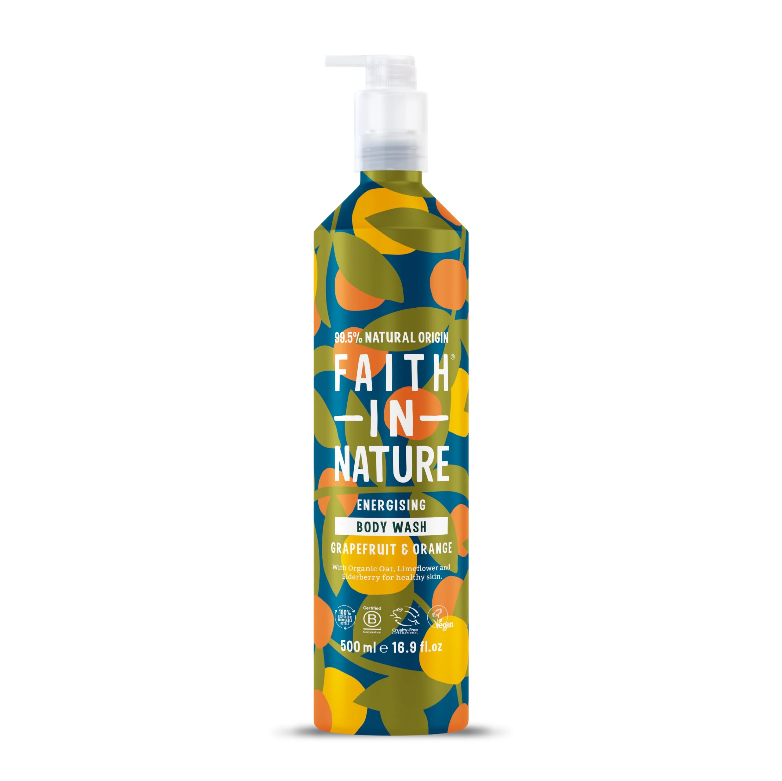 Faith In Nature 500ml Metal Bottle Natural Grapefruit and Orange Body Wash, Energising Shower Gel, Vegan and Cruelty Free, No SLS or Parabens