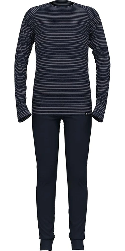 Odlo Thermal Underwear Children's Active Warm I Winter Leggings and Long Sleeve Thermal Shirt Girls Boys I Warm Ski Underwear Set, Dark Sapphire - Grey Ridge, 104