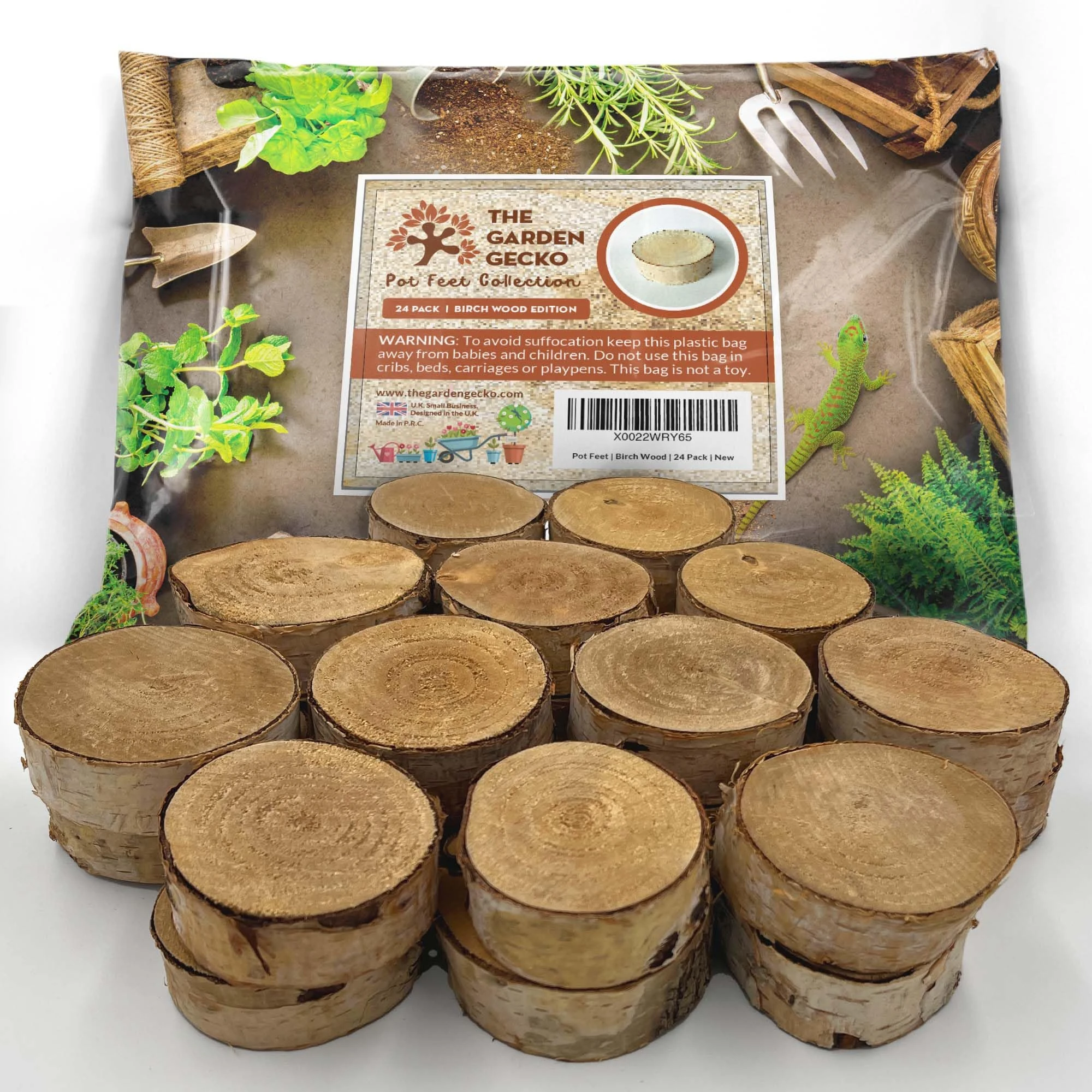 The Garden Gecko Birch Wood Plant Pot Feet – Natural Wood Risers for Improved Drainage & Airflow | Rustic Look & Durable Design | Weather-Coated | 24 PACK | BIRCH WOOD EDITION