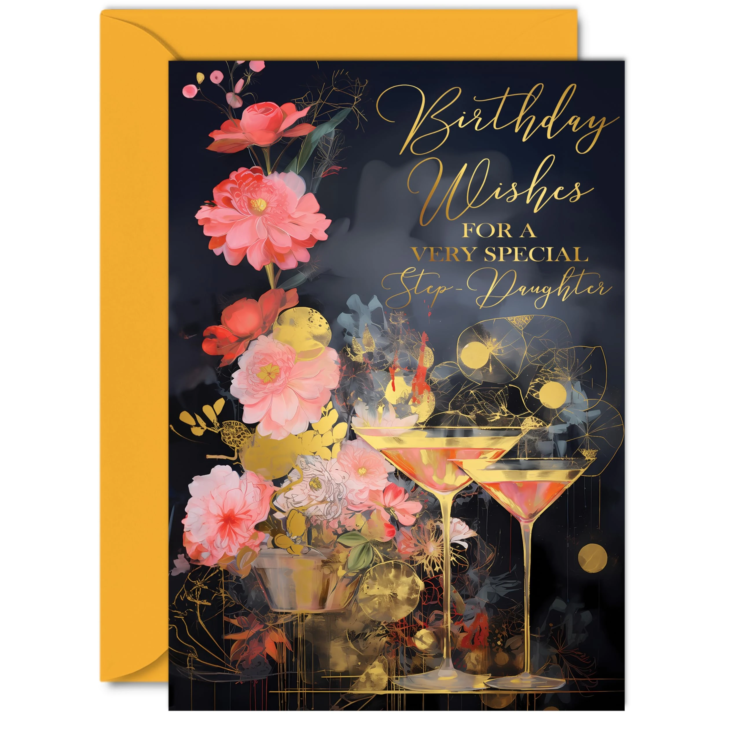 Beautiful Gold Birthday Cards for Step-Daughter - Wonderful Golden Cocktails - Elegant Traditional Pretty Birthday Card for Step Daughter from Step Mum Dad, 5x7 Inch Gorgeous Greeting Cards Gift