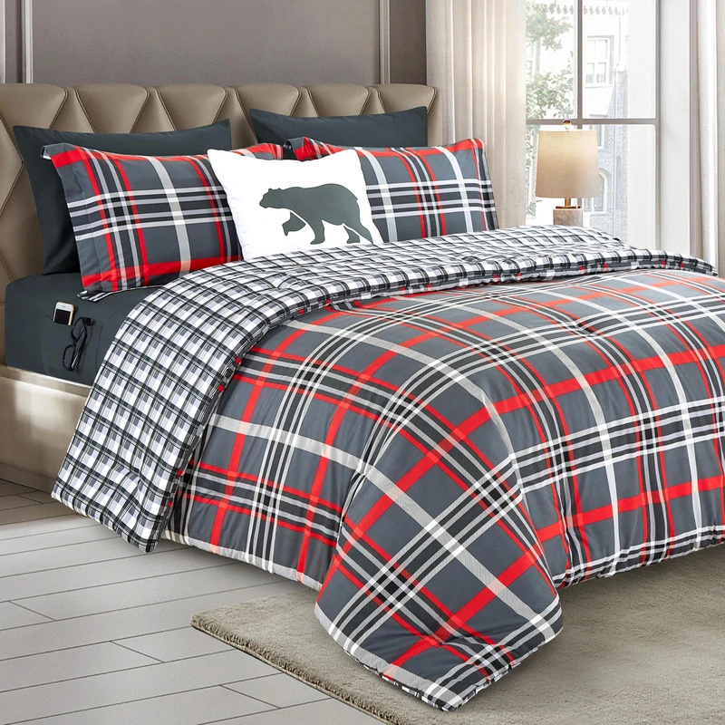 Elegant Comfort 8-Piece Lodge Plaid Reversible Comforter Set - All Season Bed in a Bag, 4-Piece Sheet Set Featuring Smart Pockets, Matching Shams and Decorative Pillow, Full/Queen, Gray