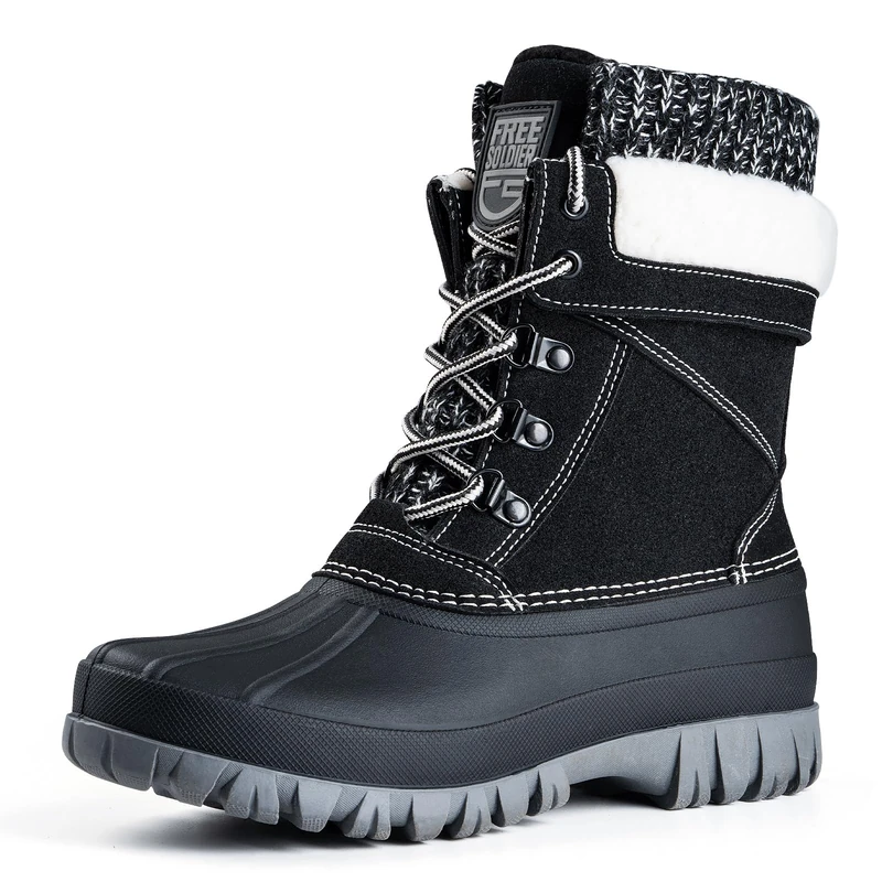 FREE SOLDIER Waterproof Winter Snow Boots for Women Outdoor Fashion Duck Boots Comfortable Insulated, black, 7 UK