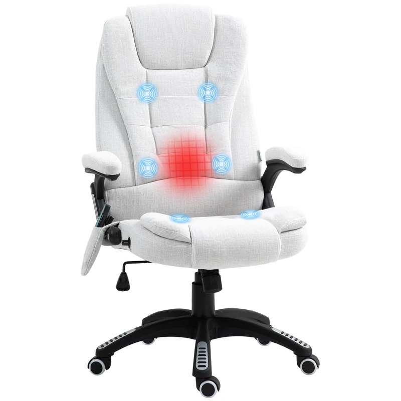 Vinsetto Office Chair, Ergonomic Desk Chair with 6-Point Massage and Back Heated, Linen-Feel Fabric Computer Gaming Chair with Arms, Lumbar Support, Cream White