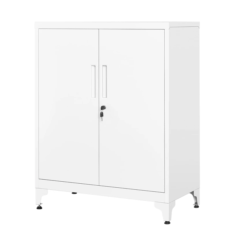 SONGMICS Office Cabinet, Multi-Purpose Cabinet, 2 Doors, Lockable, Steel, for Living Room, Matt White OMC013W01