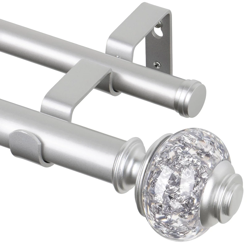 1 Inch Silver Double Curtain Rods for Windows 66 to 120 Inches(5.5-10ft), USFOOK Adjustable Heavy Duty Drapery Rods, Telescoping Dual Curtain Rod with Translucent Finials, Wall Mounted