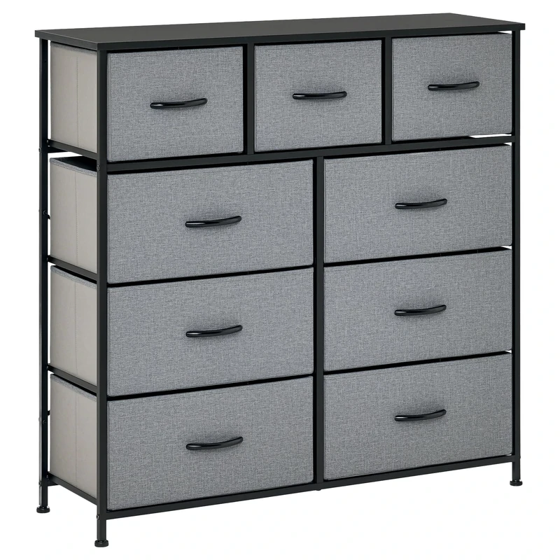 HOMCOM 9 Drawers Storage Chest Dresser Organizer Unit w/Steel Frame, Wood Top, Easy Pull Fabric Bins, for Bedroom, Hallway, Entryway, Black & Grey