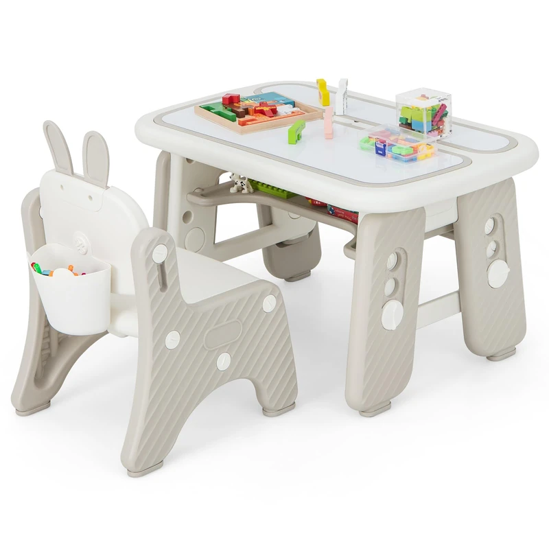GYMAX Kids Table and Chair Set, Children Activity Table with Chair, Flip-Top Tabletop, Storage Shelf/Box, Height Adjustable Toddler Art Table Set for Boys Girls (Grey)
