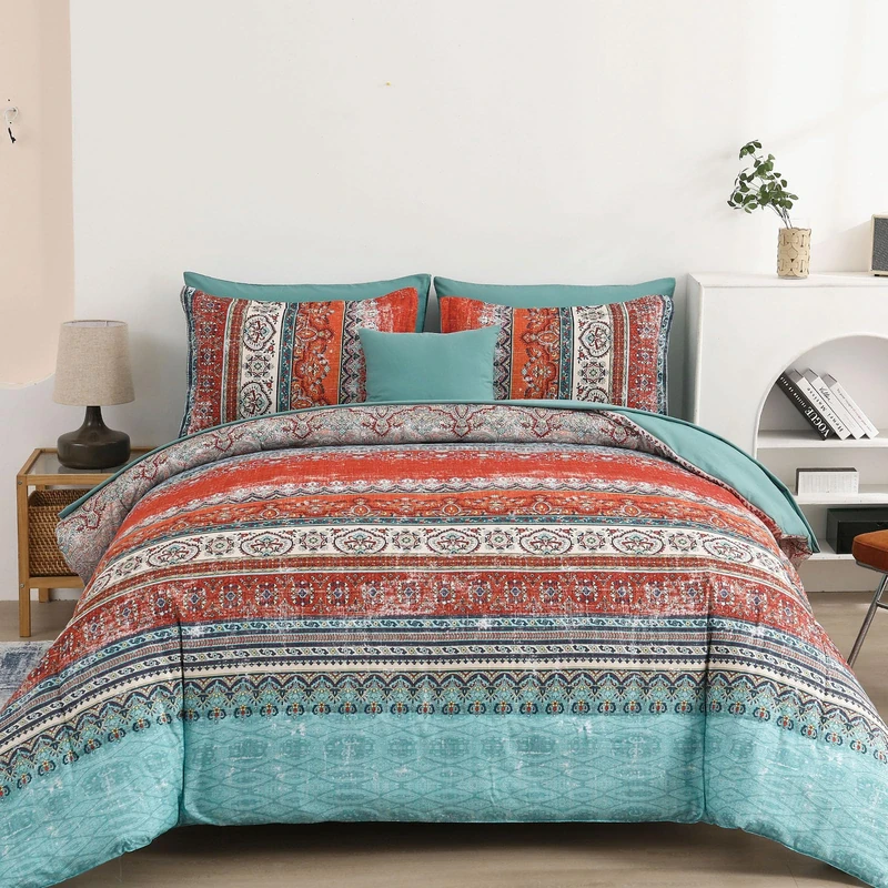 Cottolester Boho Full Comforter Set 8 Pieces, Terracotta Comforter Bohemian Striped Bed in A Bag,Soft Microfiber Bedding Set for All Seasons