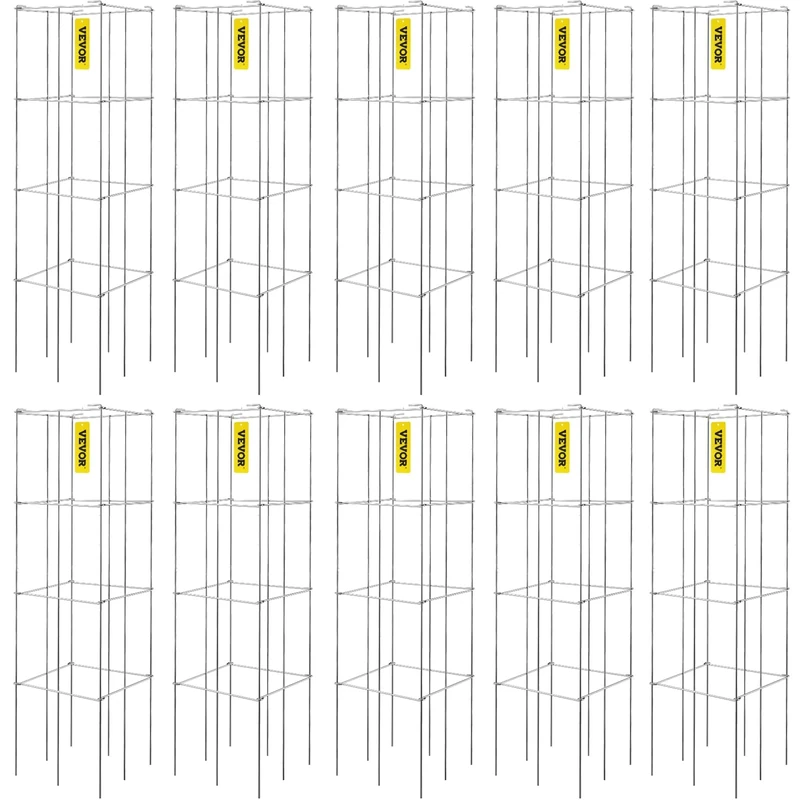 VEVOR Tomato Cages, 11.8" x 11.8" x 46.1", 10 Packs Square Plant Support Cages, Silver PVC-Coated Steel Tomato Towers for Climbing Vegetables, Plants, Flowers, Fruits