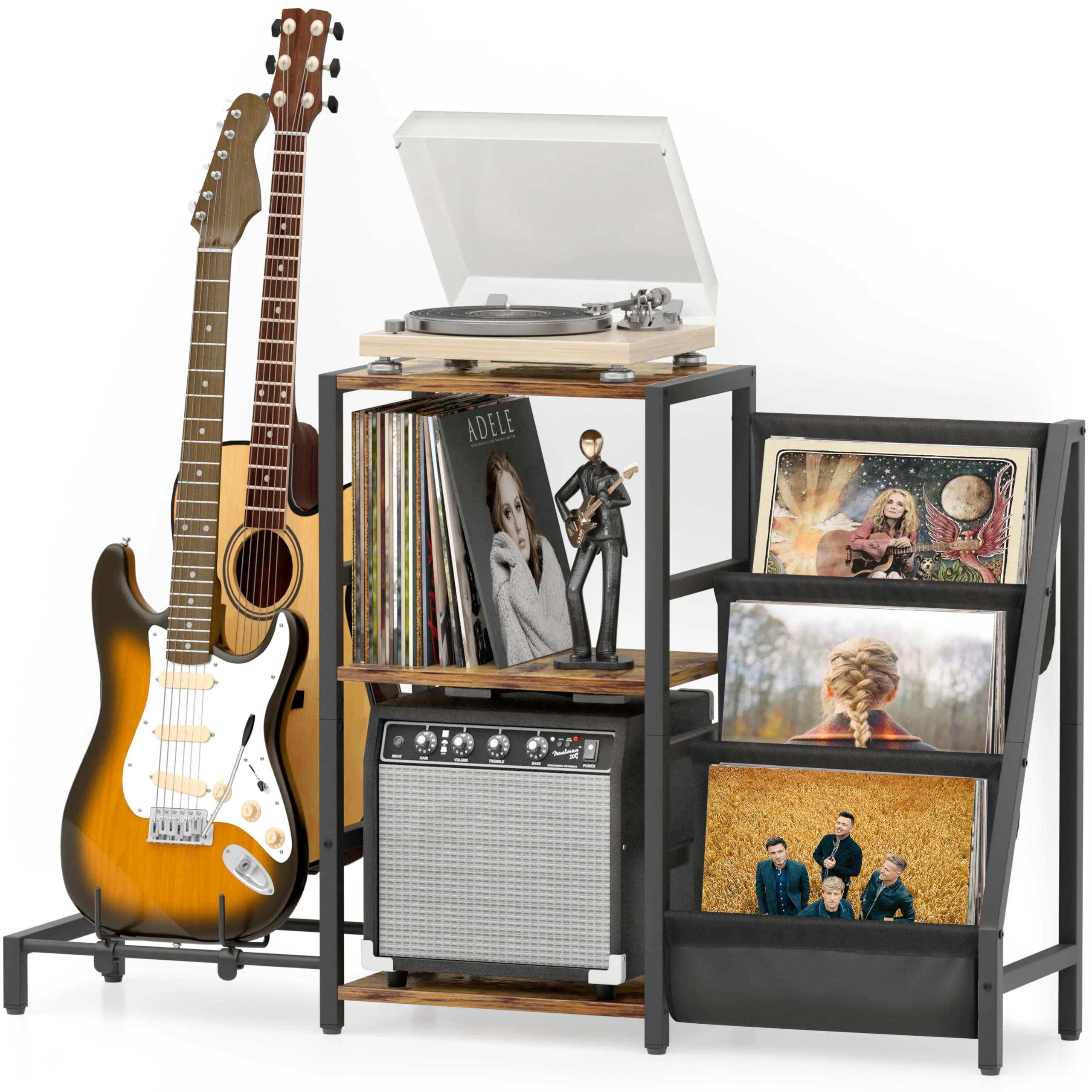 Bikoney Vinyl Record Storage, Guitar Stand for Acoustic, Electric Guitar, Bass with Amp Stand, 3-Tier Record Player Stand Up to 200 Albums, Record Player Table for Record Player, Speaker, Amplifier