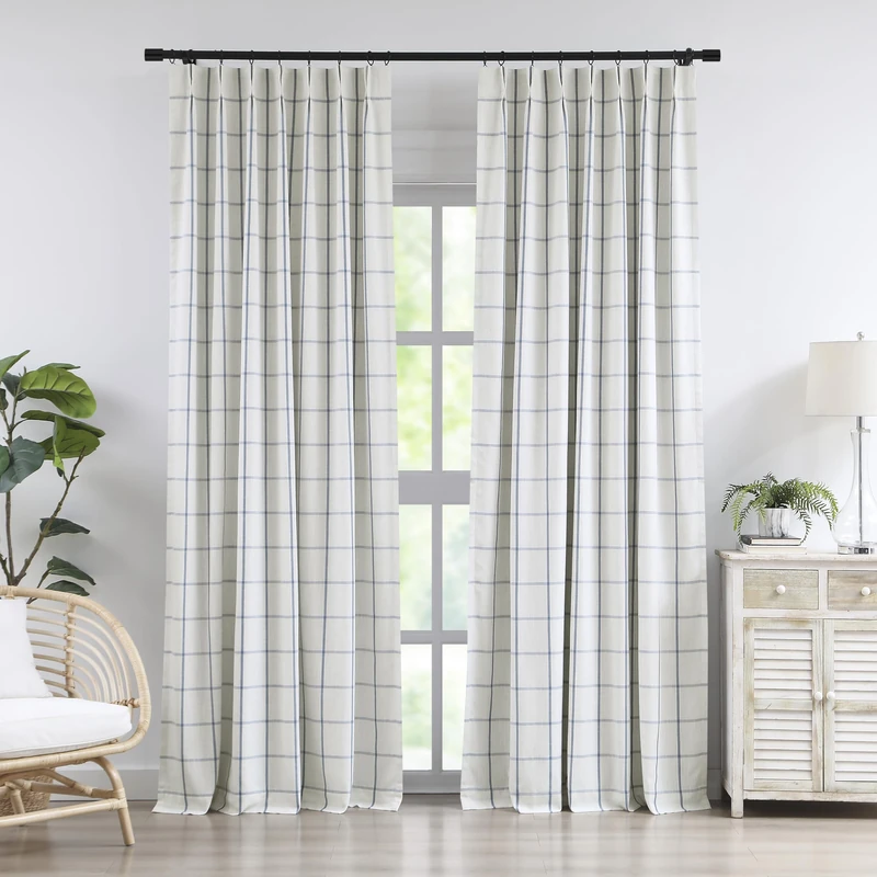 Vision Home Blue Plaid Linen Pinch Pleated Full Blackout Curtains Checkered Thermal Insulated Window Panels 108 inch for Bedroom Living Room Darkening Rustic Pinch Pleat Drapes with Hooks 40"Wx108"Lx2