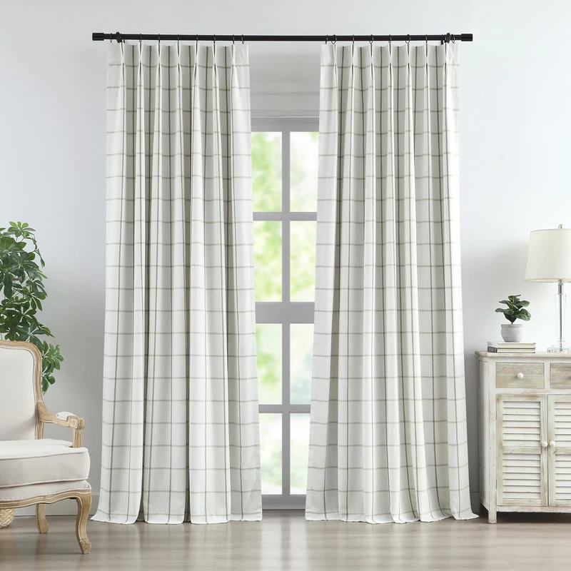 Vision Home Sage Green Plaid Linen Pinch Pleated Full Blackout Curtains Checkered Thermal Insulated Window Panels 120 inch for Bedroom Living Room Darkening Rustic Pleat Drapes with Hooks 40"Wx120"Lx2