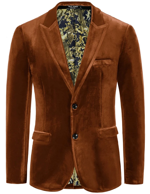 PJ Paul Jones Mens Velvet Blazer Two Button Sport Coat Solid Slim Fit Suit Jacket for Dinner Prom Wedding, Brown, L