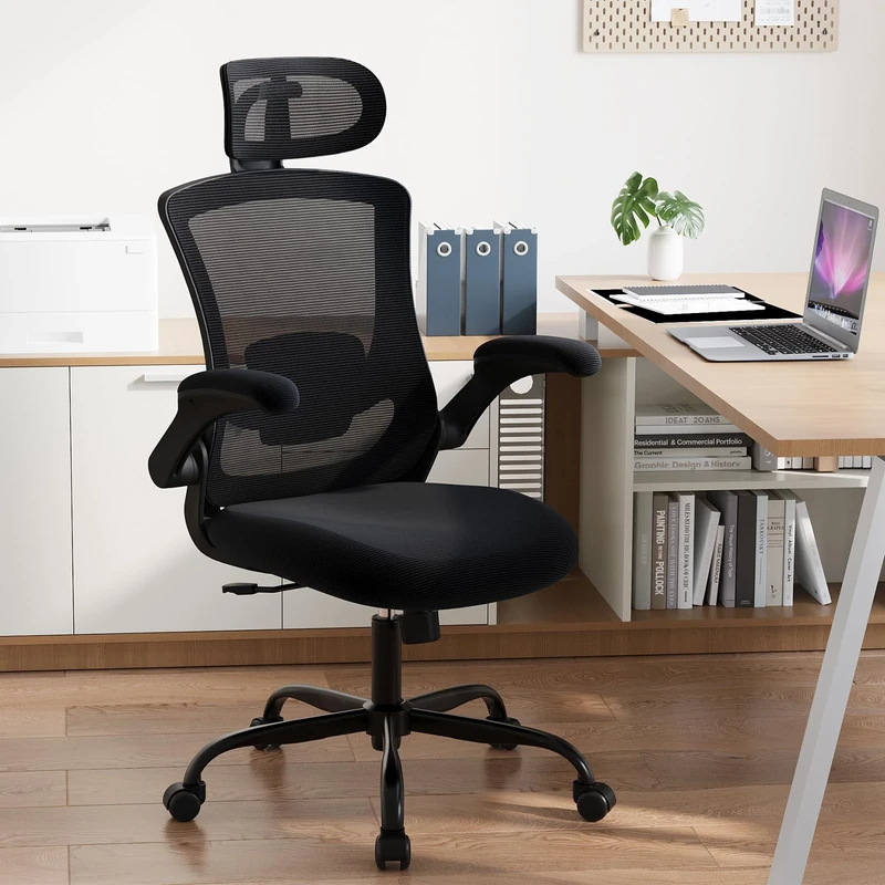 COLAMY Office Chair Mesh Computer Chair with Adjustable Headrest and Lumbar Support Ergonomic Desk Chair with Flip-up Armrest, 140° Rocking for Home Office Study, All Black