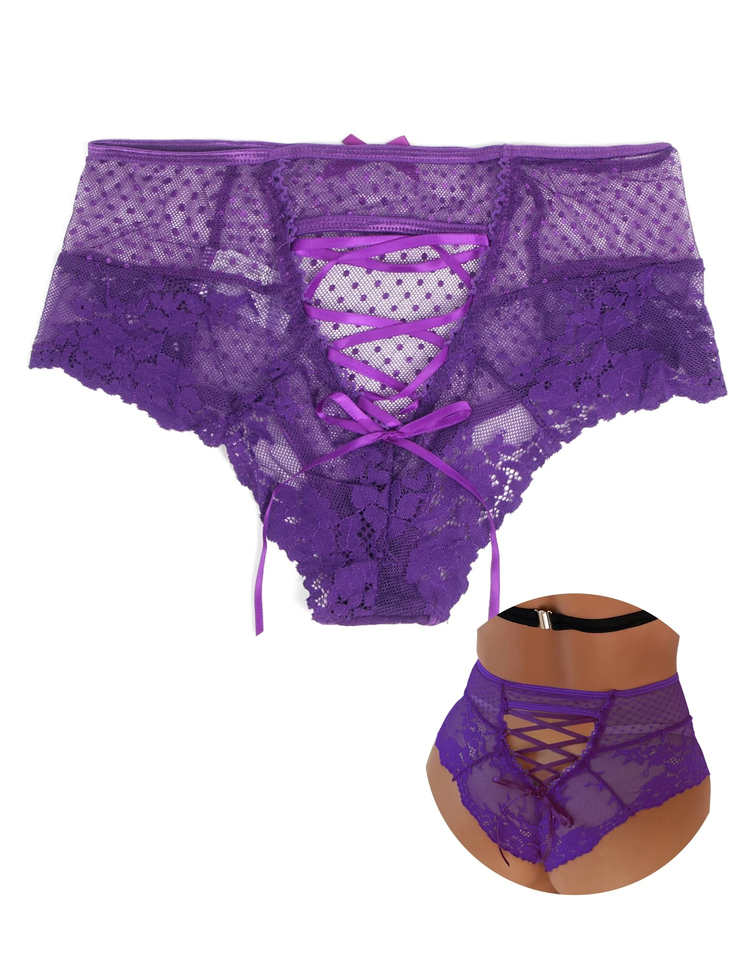 ohmydear Women's Knickers Lace Thong Purple Sexy Panties Plus Size Criss Cross Underwear High Waist Knickers Cute G String Hollow Out Bikini Briefs, UK 20