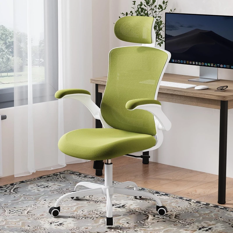 COLAMY Office Chair Mesh Computer Chair with Adjustable Headrest and Lumbar Support Ergonomic Desk Chair with Flip-up Armrest, 140° Rocking for Home Office Study, Green