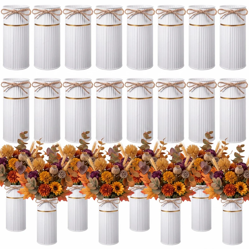 Mimorou 16 Pcs Galvanized Flower Bucket Metal Vase Metal Flower Vase with Gold Rim and Twine Bow Rustic Vintage Wedding Vases Farmhouse Vase Decor for Home Table Centerpiece, White, 7.48 Inch