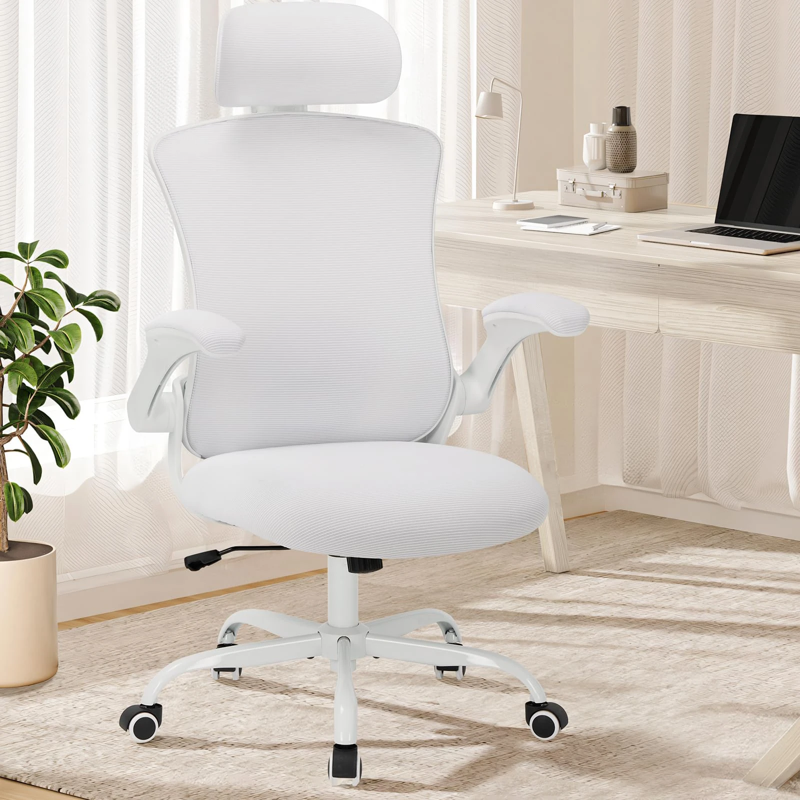 COLAMY Office Chair Mesh Computer Chair with Adjustable Headrest and Lumbar Support Ergonomic Desk Chair with Flip-up Armrest, 140° Rocking for Home Office Study, White