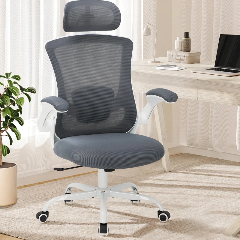 COLAMY Office Chair Mesh Computer Chair with Adjustable Headrest and Lumbar Support Ergonomic Desk Chair with Flip-up Armrest, 140° Rocking for Home Office Study, Grey
