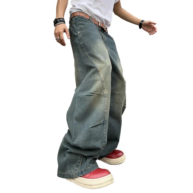 DFGIGT Men's Irregular Sutures Y2k Hip Hop Baggy Jeans Wide Leg Denim Pants Casual Loose Fit Trousers Streetwear, A11 Blue, Medium - Image 1